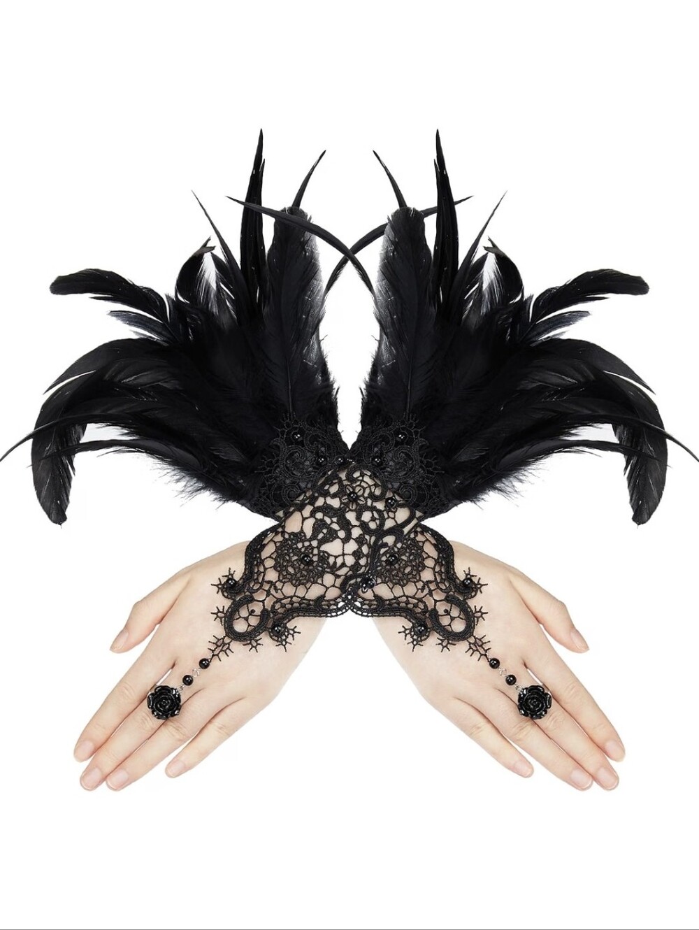 Black Feather Lace Handpieces with Rose Ring